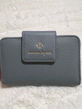 Nanette Lepore Gray Blue Pebble Leather Wallet Phone Case with Gold Logo